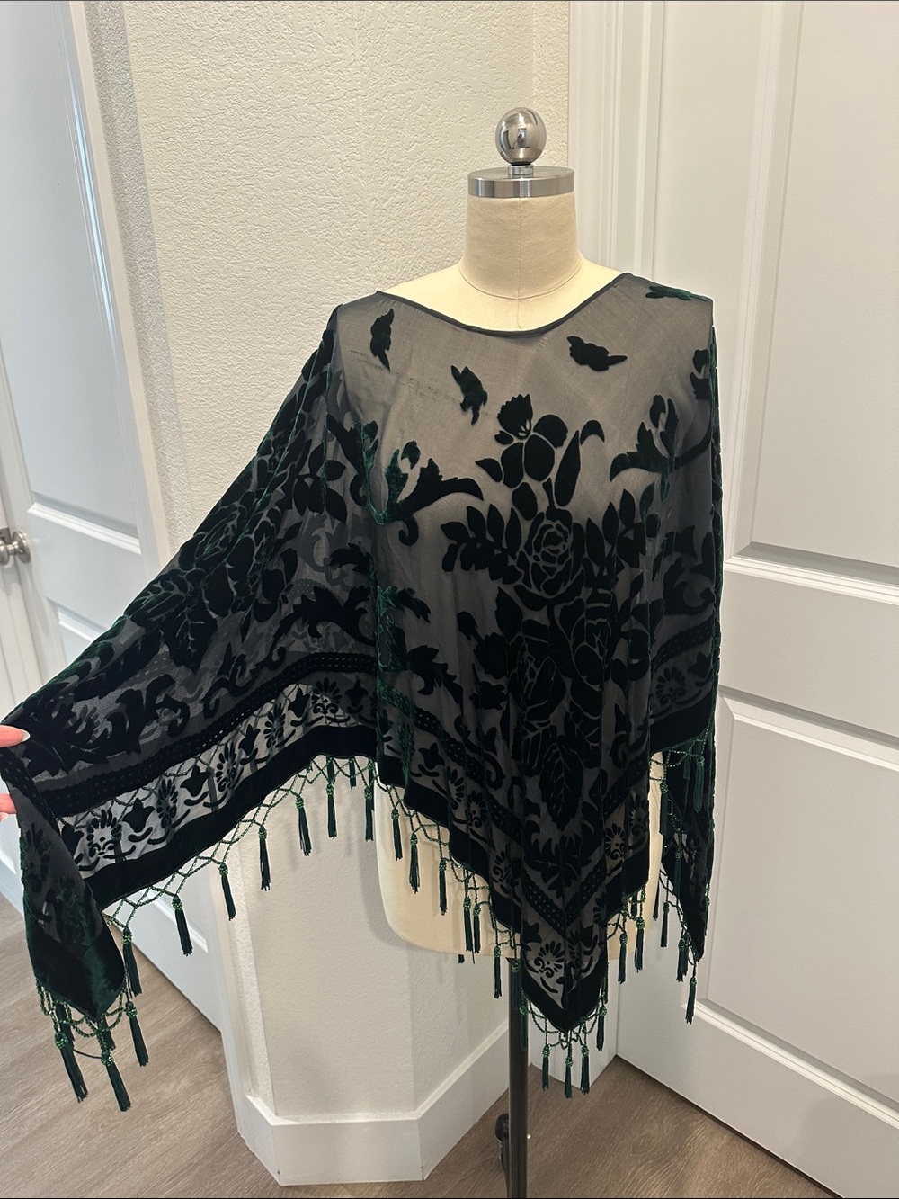 Sheer Velvet Burnout Floral Poncho with Tassels — Black & Deep Green